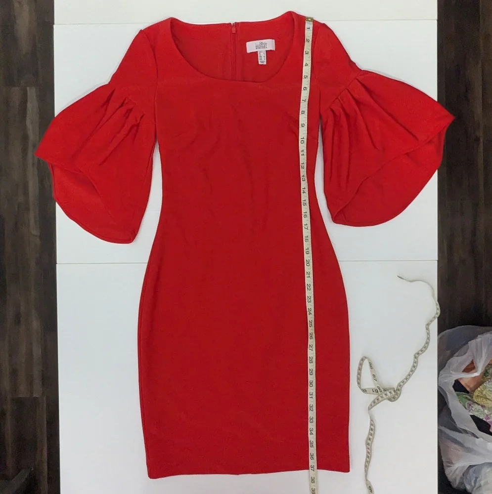 Badgley Mischka Red Knee Length Scuba Sheath Dress 3/4 Bell Sleeves Formal 0 - Picture 6 of 13